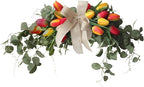 Artificial Tulip Flower Swag, 29.5in Decorative Swag with Fake Tulip Green Leaves Front Door Wreaths with Bow Rustic Artificial Floral Swag for Wedding Home Decor