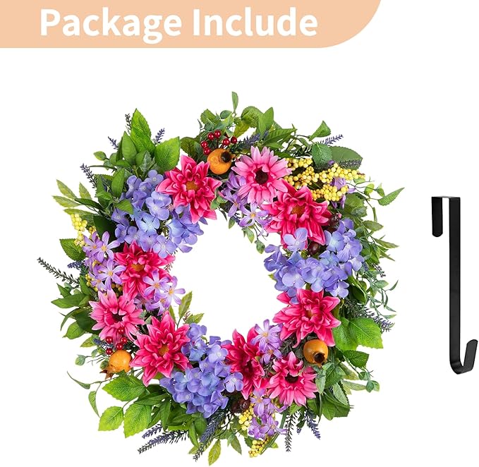 NUPTIO Summer Wreath for Front Door: 24 Inch Spring Wreaths with Hydrangea Lavender Lilac Dahlia Gerbera Hanger - Outdoor Indoor Realistic Artificial Flowers Holiday Decor for Wall Window Porch