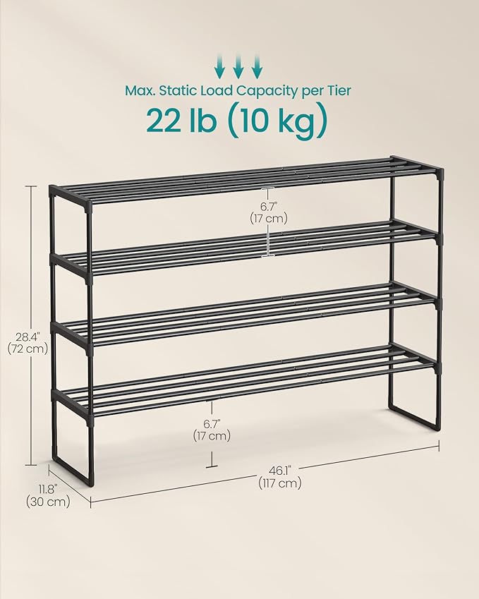 SONGMICS Shoe Rack, 4-Tier Shoe Organizer, Metal Storage Shelf, Upright or Upside Down, for 25-30 Pairs, Stackable, for Entryway, 11.8 x 46.1 x 28.4 Inches, Black ULSA034B01