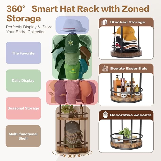 Keebofly 360° Rotating 5-Tier Hat Rack Stand - Large Capacity Freestanding Hat Storage, Hat Organizer for Baseball Caps with Metal & Wood Shelves, Holds 150+ Hats, Ideal for Vendor Booth & Home