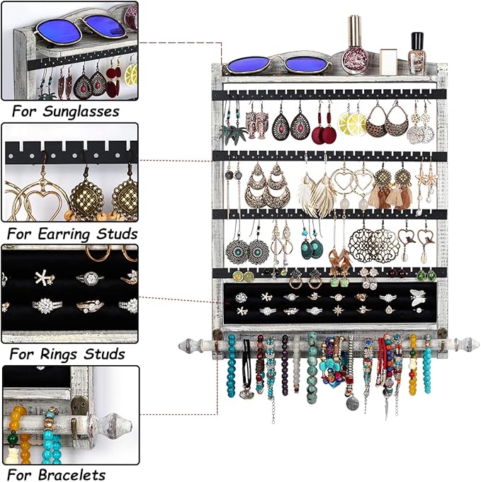 QILICHZ Wall Jewelry Organizer Set of 3 Jewelry Holder Jewelry Organizer Wall Mounted Wood Hanging Jewelry Wall Organizer Rustic Jewelry Hanger for Jewelry Storage Display
