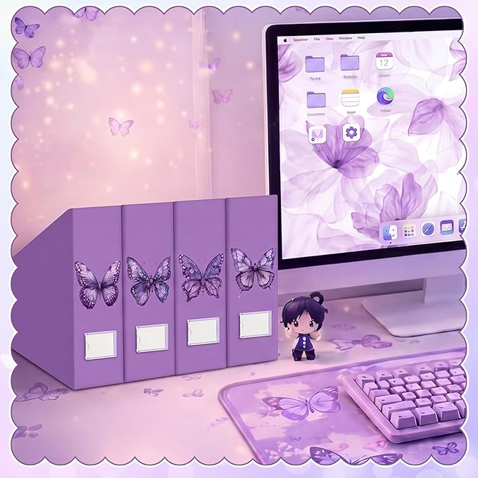AmazingSpark Set of 4 Purple Butterfly Magazine Holder Decorative Foldable Magazine Storage Boxes with Acrylic Label Holders Coquettish Boho Organizer for Office Home Organization Storage