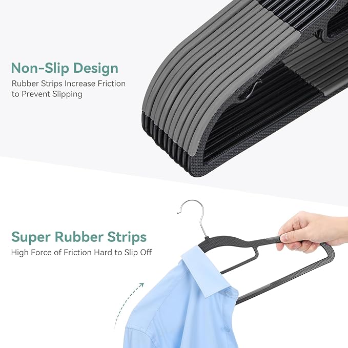 30 Pack Non-Slip Clothes Hangers with Tie Rack, Thin Space-Saving Coat Hangers – Heavy Duty Plastic Clothes Hangers for Suit, Shirts, Pants, Dorms & Home Organization, Black and Dark Gray