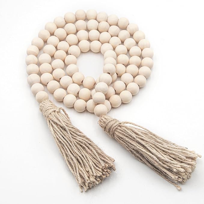 LSKYTOP 60 Inches Wood Bead Garland with Tassel,Farmhouse Rustic Prayer Boho Wooden Beads for Tiered Tray Coffee Table Mantel Decor (4Pack)