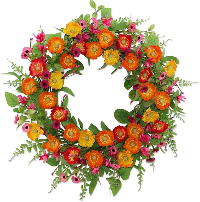 Spring Summer Wreaths for Front Door,22 Inch Artificial Spring Summer Poppy Flower Wreath with Wildflowers,Eucalyptus Leaves for Indoor Outdoor Wall Porch Festival Farmhouse Home Holiday Decor.