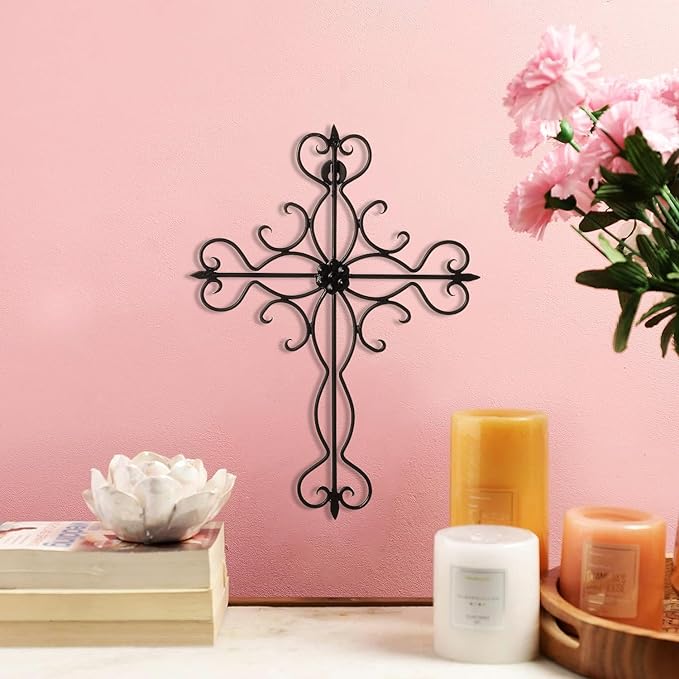 RELY+ Black Matte Wall Cross 14x10 Inch Living Room Décor Outdoor Crucifix Rustic Wall Decor Metal Wall Art Decorative Hanging Iron Wrought Wall Décor crosses for Indoor Home Halloween Decorations