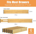 Bamboo Drawer Dividers,17-22" Adjustable Kitchen Drawer Organizer for Clothes,6 Pack Expandable Drawer Organization Separators for Bedroom,Bathroom,Dresser and Office,Natural