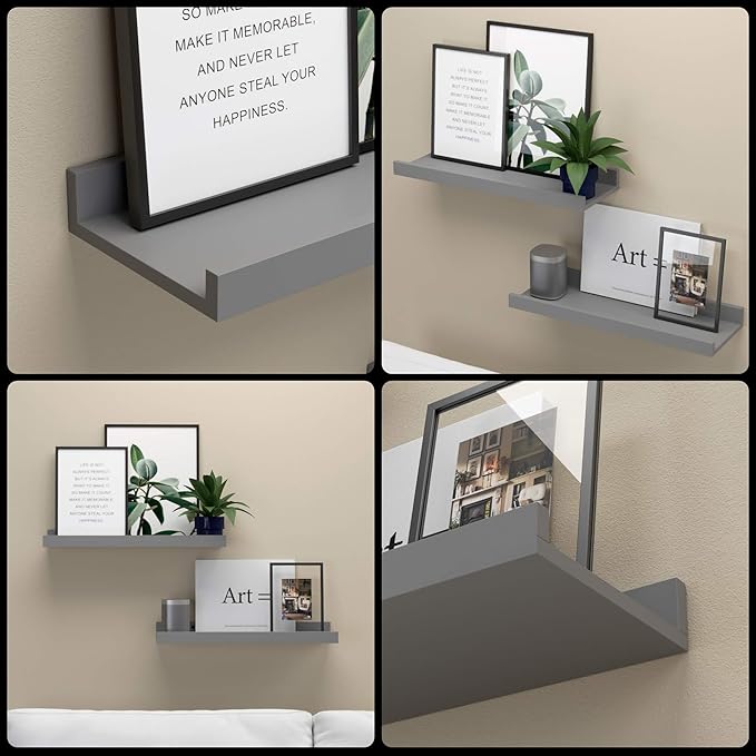 Boswillon Floating Shelves for Wall, Wall Shelves Set of 2, Bedroom Shelves with Lip, Display Picture Ledge Shelf for Wall Decor Bedroom Living Room Bathroom Kitchen - Grey