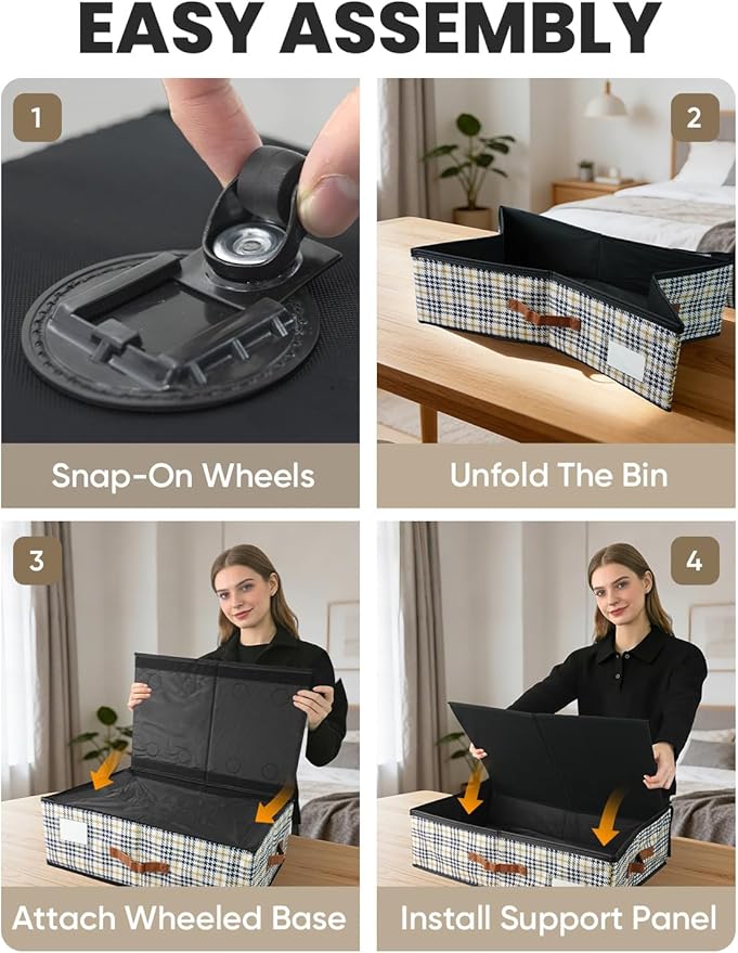2-Pack Under Bed Storage with Wheels and 6 Vacuum Seal Bags, Adjustable Height 7.9"-10.2",Heavy Duty Capacity, Clear Lid Organizer for Dorm Bedroom Clothes Shoes Books,Quick Assembly Space Saver