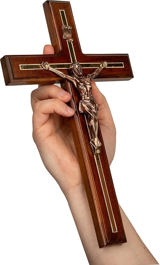 Woodvio Handmade Wooden Wall Cross with Metal Jesus Corpus, Traditional Catholic Crucifix for Wall, Christian Religious Gift with 2 Wooden Rosaries