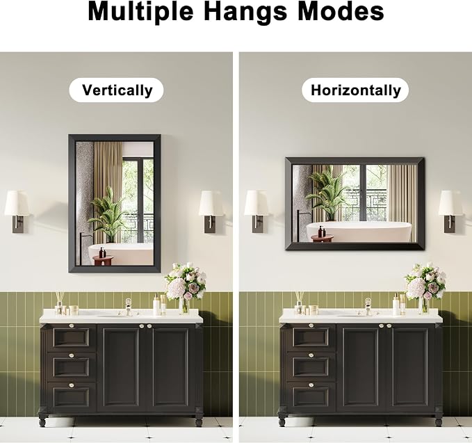 Black Bathroom Mirror for Over Sink, 24x36Inch Thick Anti-Rust Metal Frame, Rectangle Decorative Wall Mirror with HD Tempered Glass Horizontal or Vertical Mount for Vanity, Bedroom, Living Room
