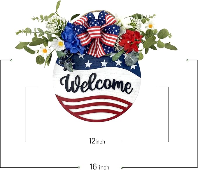 Idyllic Welcome Sign Wreath 4th of July Patriotic Sign for Front Door, 16" Red White and Blue Flower Wooden Sign Wreath for Memorial Day Independence Day Decoration