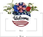 Idyllic Welcome Sign Wreath 4th of July Patriotic Sign for Front Door, 16" Red White and Blue Flower Wooden Sign Wreath for Memorial Day Independence Day Decoration