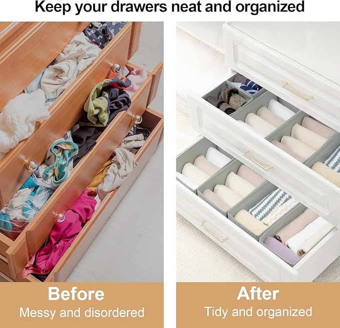 Drawer Organizer Clothes, Foldable Fabric Dresser Organizer Closet Organizers and Storage Box for Underwear,Folded Clothes,Baby Clothing,Socks,Bra,Towels,Ties(6M+6S,Gray)