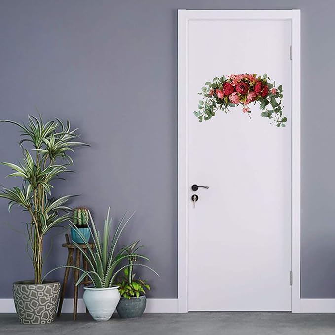 BFYDOAA 30 Inch Wedding Arch Flowers,Decorative Swag Artificial Floral Swag for Lintel, Green Leaves Rose Peony Sunflowers Door Wreath Home Decoration