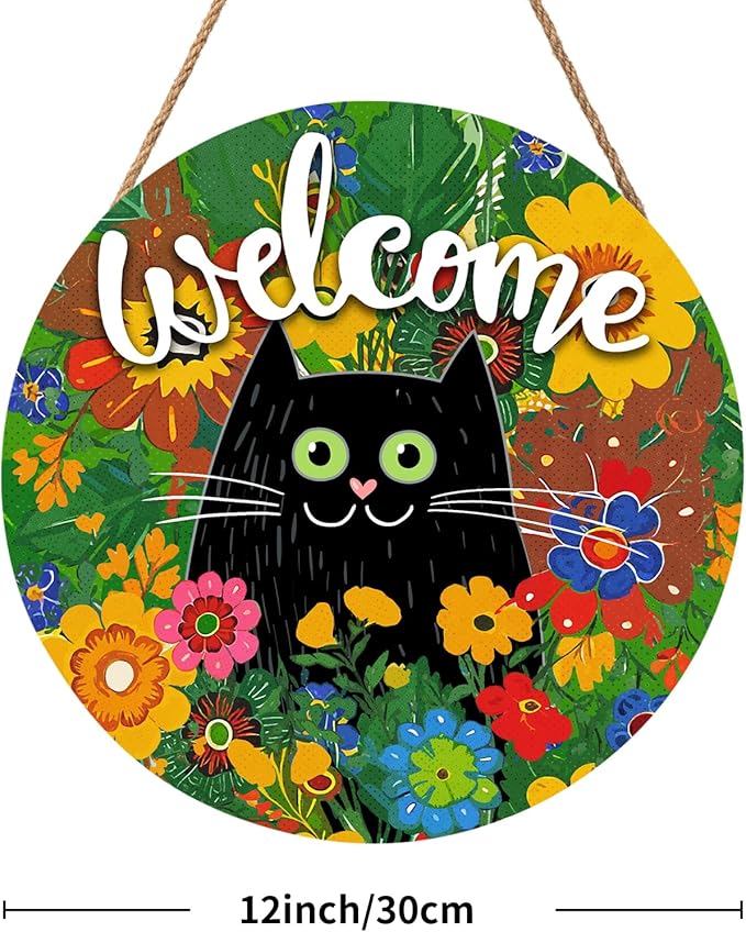 Welcome Spring Summer Black Cat Sign for Front Door Decor Spring Flowers Door Hanger for Outdoor Outside Porch Seasonal Summer Farmhouse Wooden Wreath Colorful Wall Hanging Decoration 12"x12"