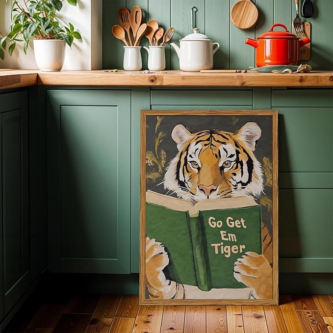 Framed Funny Tiger Wall Art, Motivational Animal Reading Wall Decor Paintings, Eclectic Go Get Em Tiger Canvas Prints Pictures Home Decor for Living Room Bedroom Dorm Office 16x24 inch