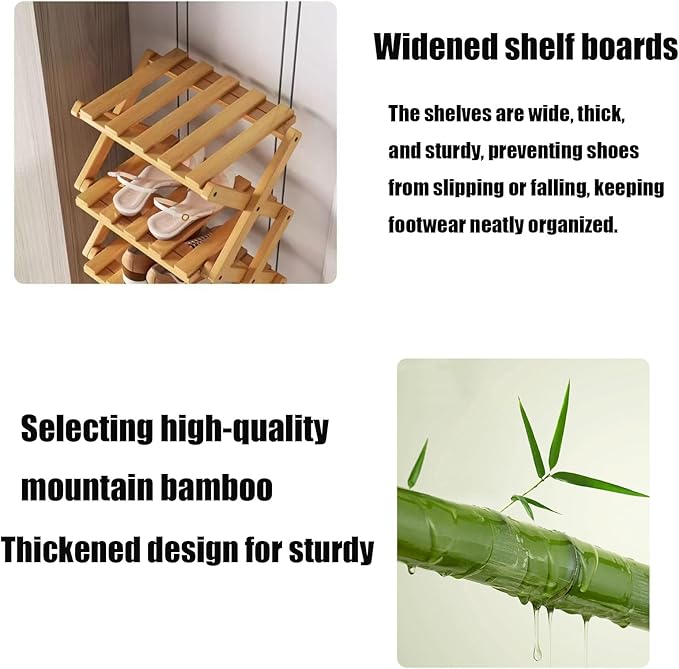 9 Tier Bamboo Shoe Rack, Foldable Shoe Rack, Shoe Rack, Ertical Shoe Organizer for Small Spaces, No Assembly Narrow Shoe Shelf for Entryway Closet Dorm (Yellow, 7 Layers)