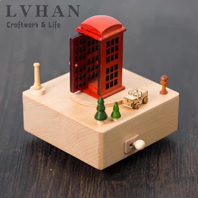 Natural Solid Wood Handcrafted Beech Wooden, Musical FigureTotoro/Carousel/Fairy/Ballerina Figurine,Rotating Hand Crank Mechanism Music Box,Musical Decorations (Telephone Booth)