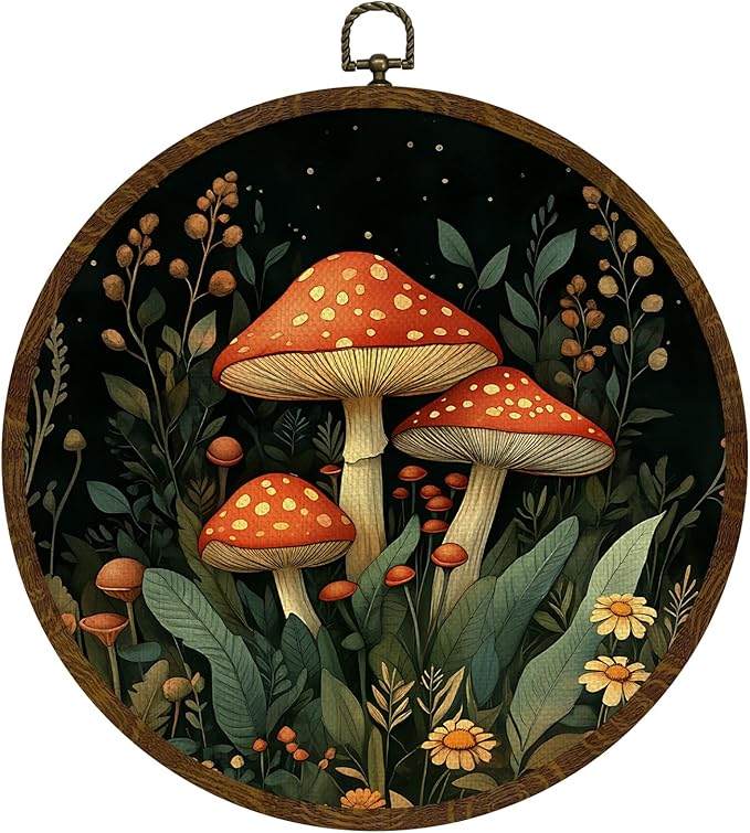 Vintage Mushroom Wildflower Wall Art Decor, Fantasy Forest Botanical Illustration Round Frame Wall Hanging Decor, Retro Botanical Canvas Prints Wall Art for Bedroom Living Room 10x10 Inch (MG01)