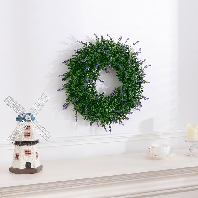 SHACOS Lavender Greenery Wreath 17" Artificial Boxwood Front Door Wreaths for Home Wall Window Farmhouse Decoration 100% Plastic Indoor Outdoor