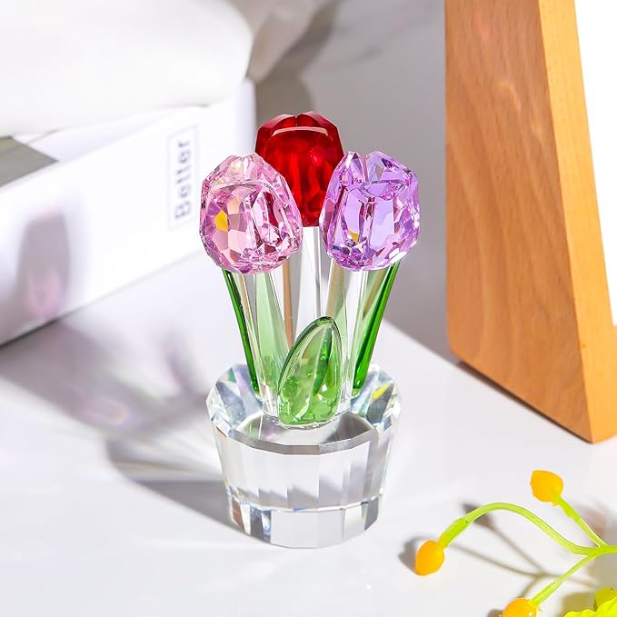 Movdyka Tulips Glass Flowers Figurines Crystal Decor Collectibles Colorful Flowers Bouquet Ornaments Tulip for Mom Women on Anniversary Wedding Christmas Valentines