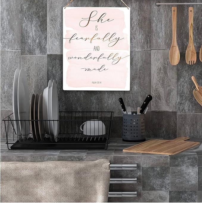 Inspirational She is Fearfully and Wonderfully Made Bible Verse Wood Sign Rustic Psalm 139:14 Flowers Christian Wooden Hanging Plaque for Home Wall Art Decoration 8 x 10 Inches Present
