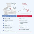 Neaties Plastic Hangers 50 Pack (60 Count) – Made in The USA – 6lb Capacity Standard Clothes Hangers with Strap Hooks for Dresses, Lingerie, Shirts, Pants, and Jackets – White