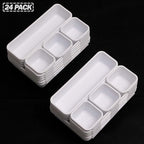 Set of 24 Interlocking Desk Drawer Organizer Tray Dividers Plastic Shallow Narrow Drawers Organizers Separators Storage Bins Container for Kitchen Bathroom Makeup Office Vanity Bedroom Dresser White