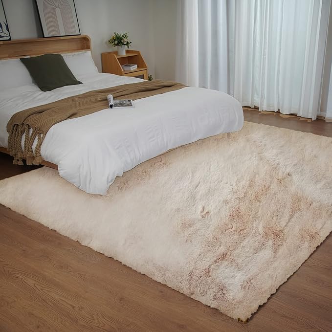 Ghouse Ultra Soft Faux Rabbit Fur Rug 5x8, Machine Washable Area Rugs for Bedroom Fluffy Rugs for Living Room, No-Shedding Carpet Sheepskin Rug Light Brown Beige