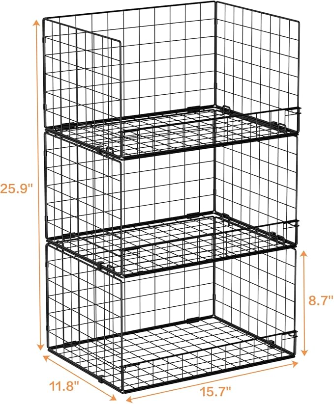 3-Tier Stackable Closet Organizers and Storage Shelves, Foldable Closet Shelf Organizer, Stackable Storage Bins Drawers for Closet Organizer System, Black(Patent Pending)