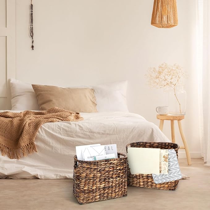 Tatuo Seagrass Magazine Baskets Magazine Holder Tall Narrow Woven Storage Wicker Basket Floor Bathroom Home Office Handwoven Holder for Books, Newspaper, File and Mail(Dark Brown)