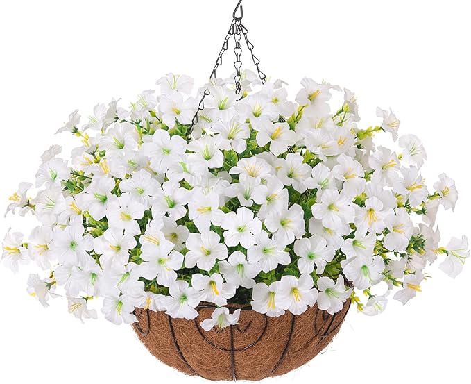 INSPRING Artificial Faux Hanging Flowers Basket for Outdoors Spring Fake Plants, UV Resistant White Silk Morning Glory in Planter Realistic Petunia Flowers for Outside Patio Porch Garden Home Decor