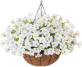 INSPRING Artificial Faux Hanging Flowers Basket for Outdoors Spring Fake Plants, UV Resistant White Silk Morning Glory in Planter Realistic Petunia Flowers for Outside Patio Porch Garden Home Decor