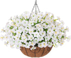INSPRING Artificial Faux Hanging Flowers Basket for Outdoors Spring Fake Plants, UV Resistant White Silk Morning Glory in Planter Realistic Petunia Flowers for Outside Patio Porch Garden Home Decor
