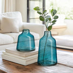 Torre & Tagus 6 Inch Tall Blue Glass Vase with Gold Flakes, Mouth Blown Glass Vase Blue Flower Vase Centerpieces, Watertight for Hydroponic Plants, Coastal Decor Accents (Marina)