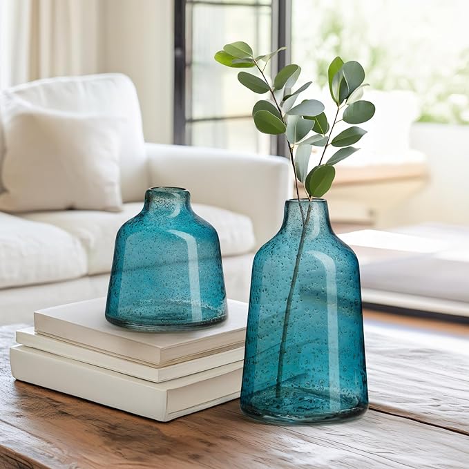 Torre & Tagus 6 Inch Tall Blue Glass Vase with Gold Flakes, Mouth Blown Glass Vase Blue Flower Vase Centerpieces, Watertight for Hydroponic Plants, Coastal Decor Accents (Marina)