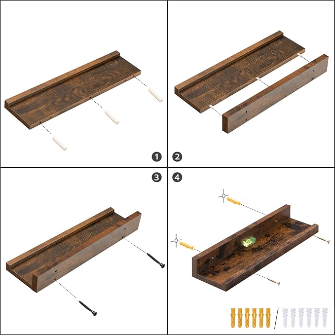 HOOBRO Floating Shelves, Wall Shelf Set of 3, 35.4 Inches Hanging Shelf with Raised Edge and Invisible Brackets, for Bathroom, Bedroom, Kitchen, Office, Living Room Decor, Rustic Brown BF90BJ01