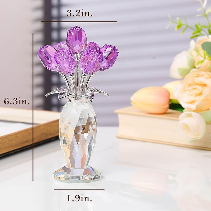 Movdyka Crystal Purple Rose Flower Figurine, Glass Roses Flower Bouquet Ornament Home Decor, Mother's Day Valentine's Christmas Wedding Romantic Gifts for Women Mom Wife Girlfriend