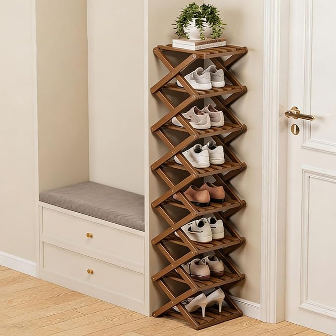 The 9-Tier No-Assembly Bamboo Rack, Foldable Space-Saving Organizer for Shoes, No Assembly Narrow Shoe Shelf for Entryway Closet Dorm (Brown, 8)