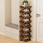 The 9-Tier No-Assembly Bamboo Rack, Foldable Space-Saving Organizer for Shoes, No Assembly Narrow Shoe Shelf for Entryway Closet Dorm (Brown, 8)