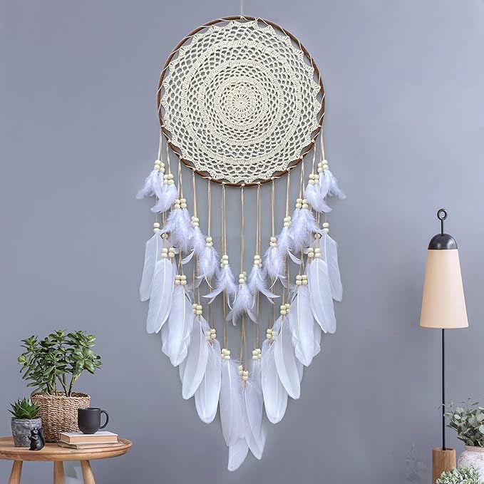 Large White Dream Catcher, Handmade Big Dream Catchers for Bedroom Wall Hanging Wedding Party Decor with a Greeting Card Gift (11.8 Inches in Diameter)