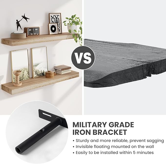 Solid Wood Floating Shelves for Wall 36"W x 8"D x 1.56"H Set of 2, Deep Wall Shelves for Living Room Bedroom Bathroom Kitchen Decor Storage with Invisible Heavy-Duty Metal Bracket, Carbonized Black
