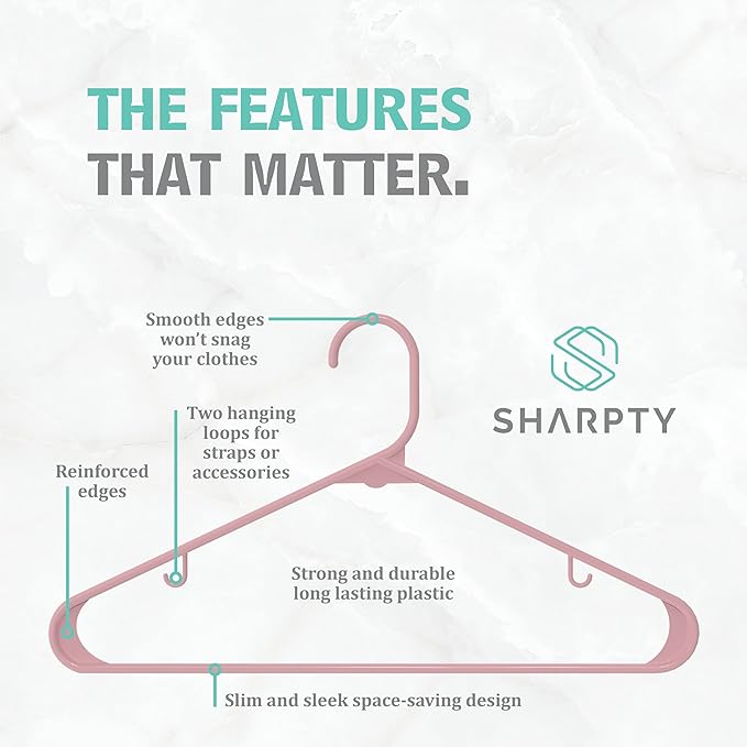 Sharpty Plastic Hangers Clothes Hangers for Clothing, Closet, Coats & Shirts - Durable & Space Saving - for Everyday Standard Use, Room Essentials & Basics - 60 Pack - Pink