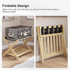 Smuxee Fully Assembled Luggage Rack Pack of 2, Upgraded Bamboo Foldable Suitcase Stand with 5 Nylon Straps, Luggage Holder with Shelf for Guest Room Bedroom Hotel