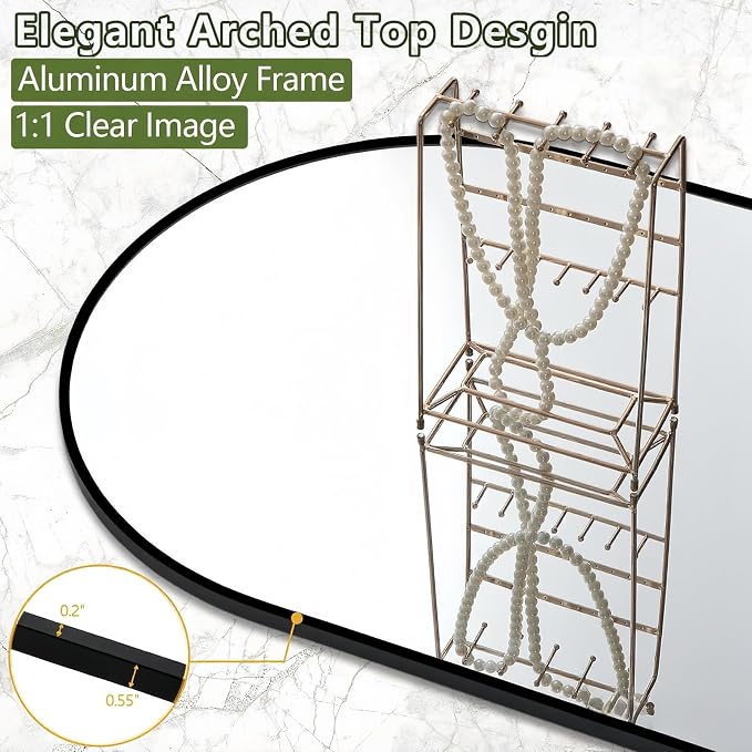 Prywot Arched Floor Mirror, 76 "x 34" Full Length Mirror Wall Mirrors Hanging or Leaning Arched-Top Full Body Mirrors with Stand for Bedroom, Dressing Room, Black