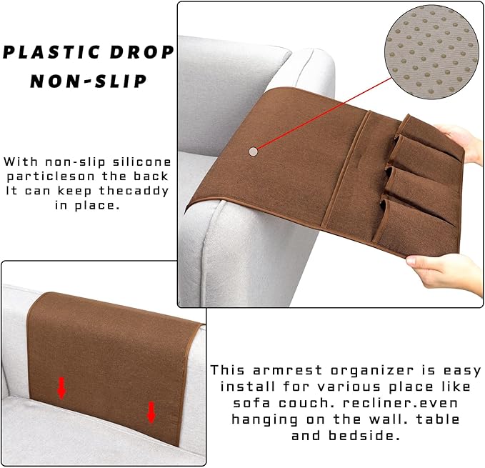 NB Sofa Armrest Organize Remote Holder Bedside Caddy Organizer With 5 Pockets, Non-Slip Couch Remote Control Holder Couch Armchair Caddy Accessories (Brown, 35''x18'')