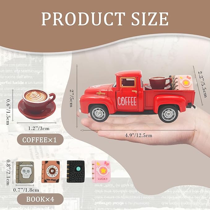 Vintage Mini Metal Pickup Truck with The Coffee Decor and The 4 Books,for Home Farmhouse Kitchen Decor & Coffee Decorations (Coffee-Red)