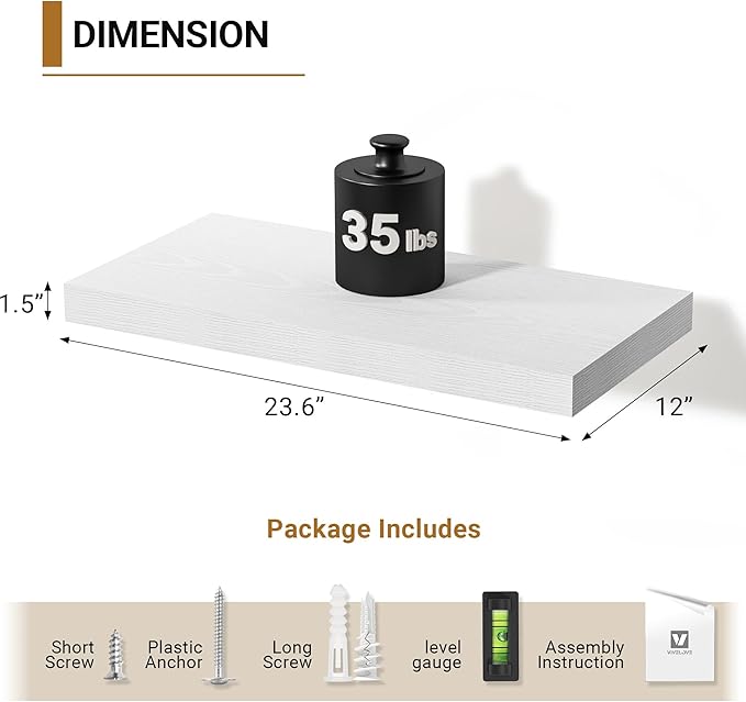 Vivelove White Floating Shelves 12 Inches Deep, [Wood Grain Texture] 24x12 Floating Shelves for Wall with Invisible Brackets, Room Shelves for Living Room Bedroom Bathroom Kitchen Office, Set of 2