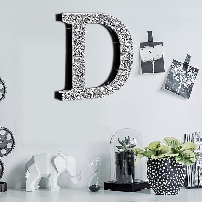 Qunclay 5.7" Silver Crystal Diamond Bling Letters Crushed Diamond Decoration Wooden Glitter Letter with Screw and Hooks Rhinestone Gift for Wedding Y2k Mcbling Bedroom Wall Decor (Letter D)